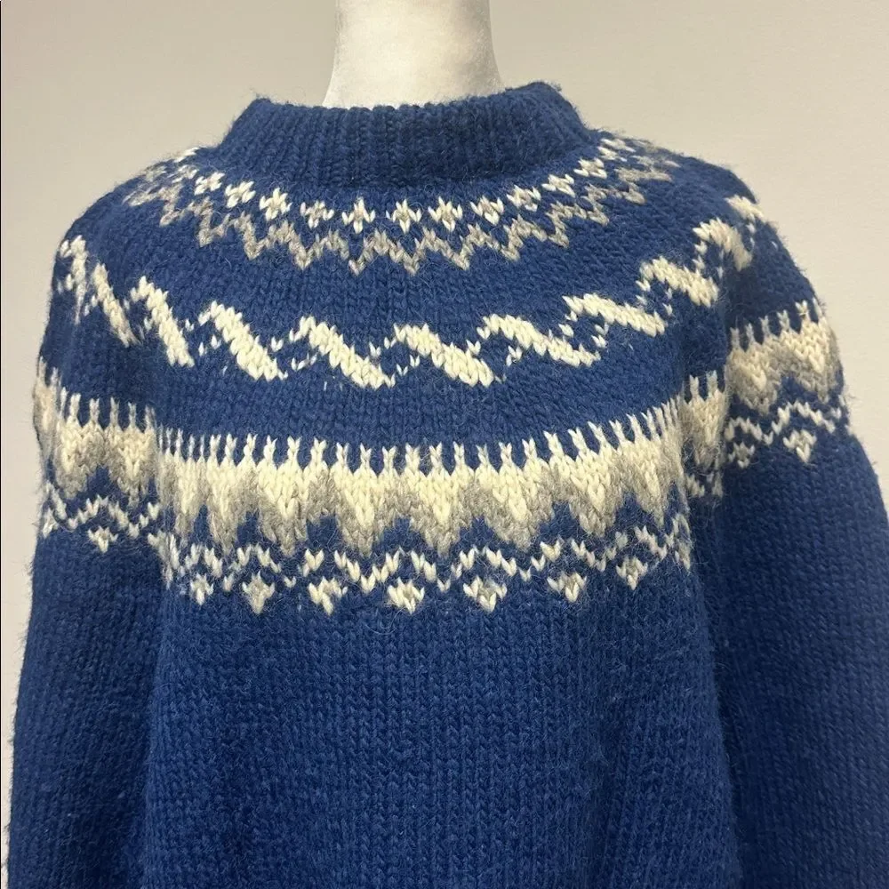 Hand Knitted Wool Sweater, Blue, White Grey Icelandic Norwegian Jumper Crew-neck